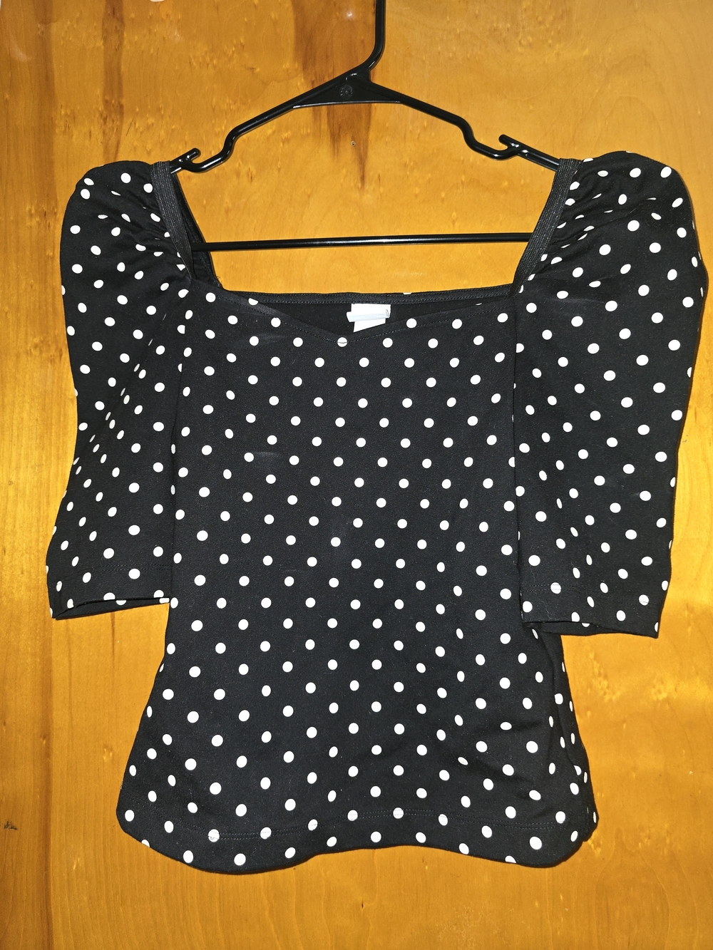 H&M Black and White Polka Dot Square Neck Puff Sleeve Top
